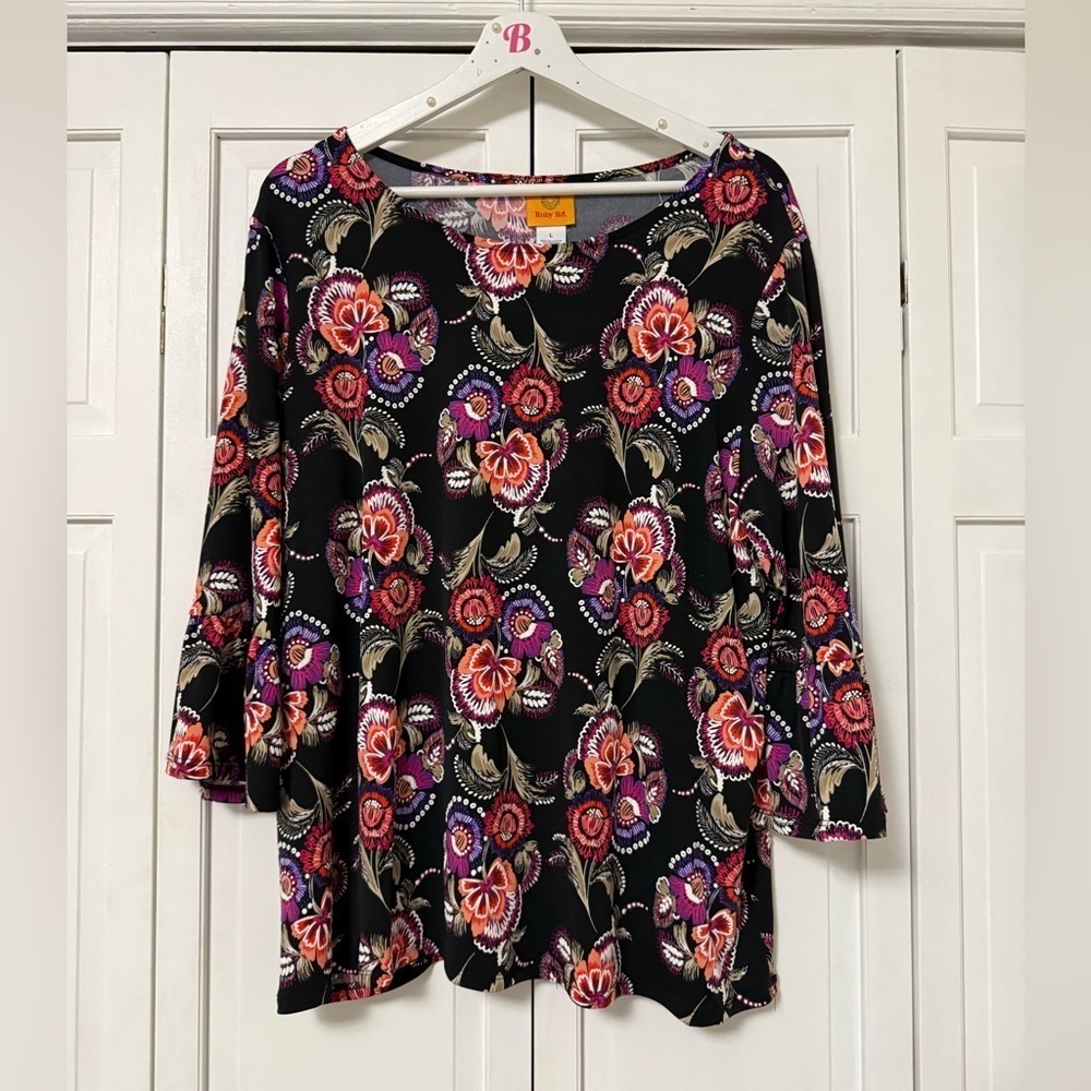 Ruby Rd. Black Floral Women's Blouse 3/4 Sleeve Mature Modest Stretchy Large